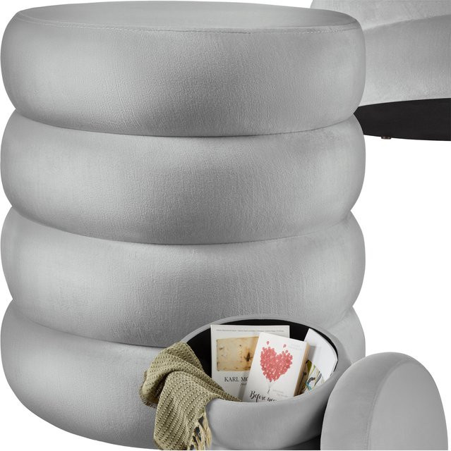 tectake Sitzhocker mit Stauraum rund in Grau mit Samtbezug und abnehmbarem Deckel, B/T/H: 42 x 42 x 47 cm - Bild 1