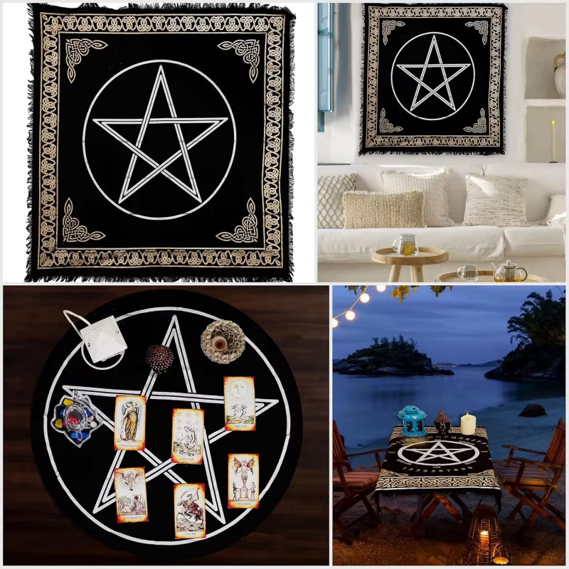 VIKAMA Keltischer Pentagramm Wandteppich in Schwarz-Gold, Geometrischer Wandbehang im Boho-Stil, Breite: 75 cm, Höhe: 75 cm - Bild 2