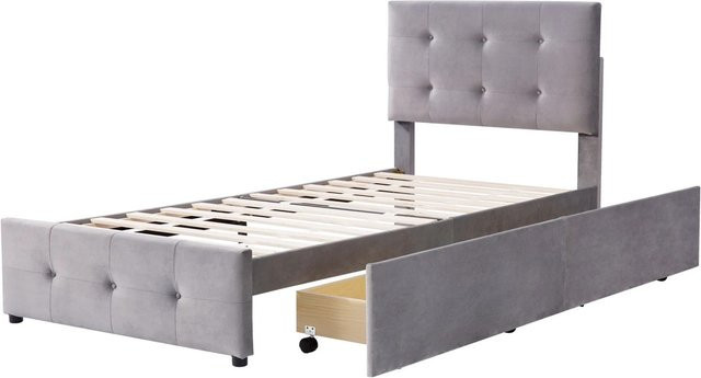 Merax Polsterbett mit Schubladen aus Samt in Grau, B/T/H: 90 x 200 cm - Bild 1