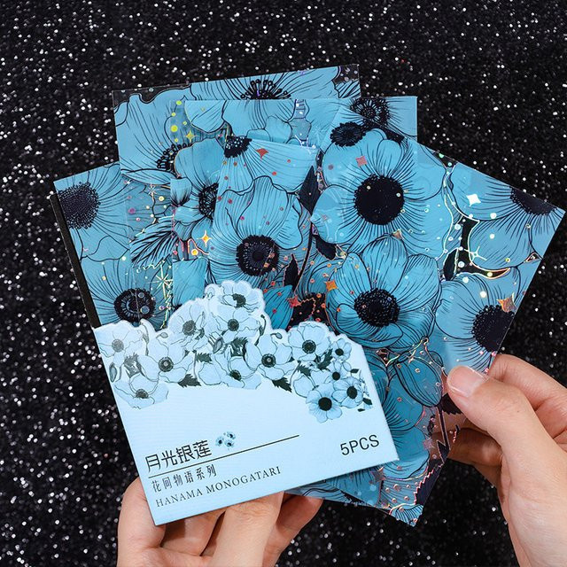 5 Stück dekorative Blumen Aufkleber mit Silberprägung in Blau für Scrapbooking und Junk Journal - Bild 1
