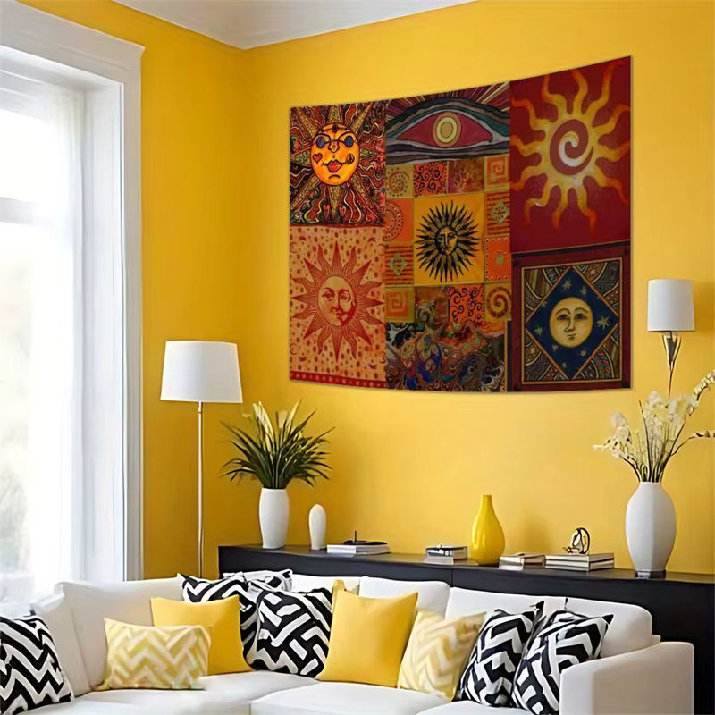 Sonnenwandteppich im Bohemian-Stil mit geometrischem und abstraktem Sternen-Druck, mehrfarbig, rechteckig, Textil-Wanddekoration für Wohnzimmer und Schlafzimmer, B/H: 60 x 40 cm - Bild 3