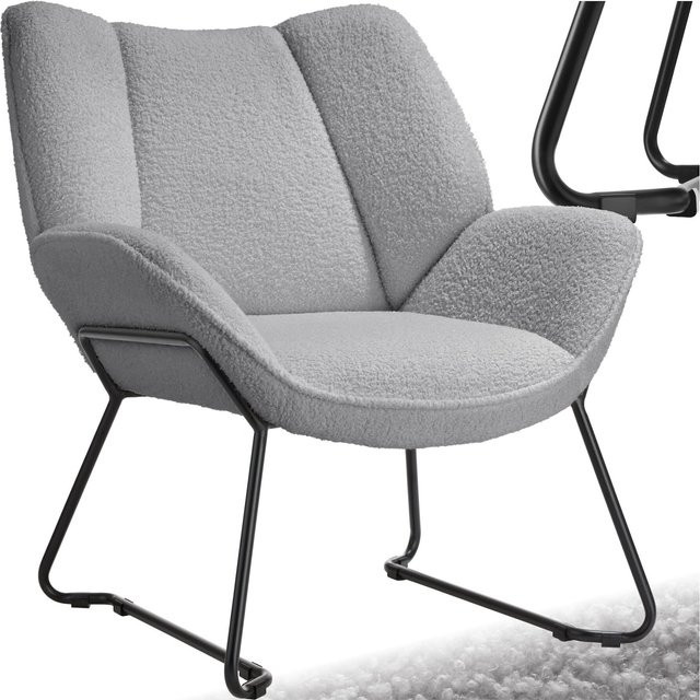 tectake Sessel gepolstert mit Bouclé-Bezug in Grau und pulverbeschichtetem Stahlgestell, B/T/H: 73 x 72 x 81 cm - Bild 1