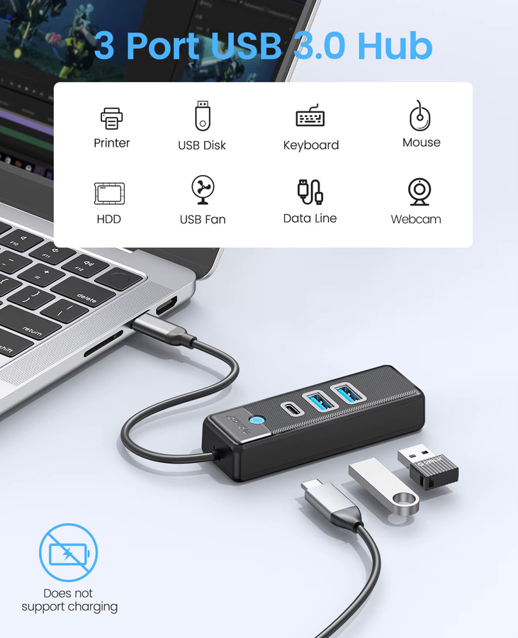 ORICO USB-C Hub mit 2 Anschlüssen: 1x USB-C und 1x USB 3.0 OTG-Adapter mit 5Gbps Hochgeschwindigkeit für PC, Computer und Macbook Pro in Schwarz oder Blau - Bild 2