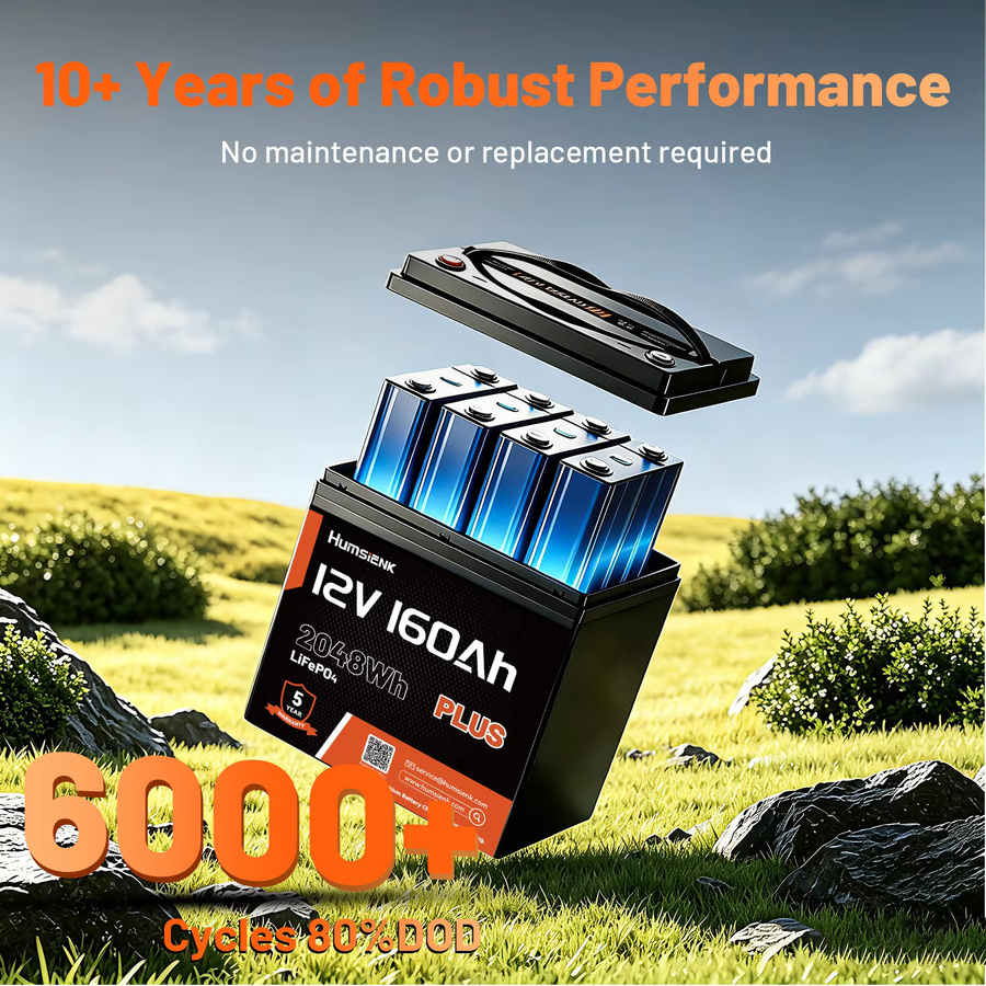 Humsienk LiFePO4 Lithium-Batterie 12,8V 160Ah mit 150A BMS, 2048Wh, Schwarz - Bild 6
