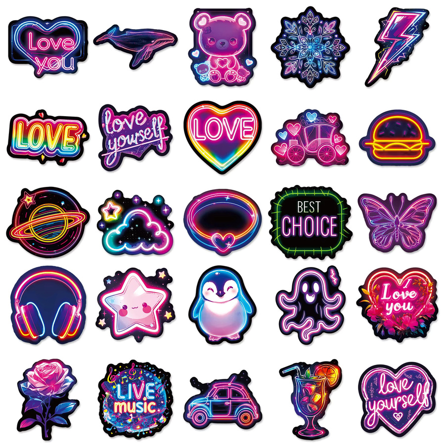 50er-Pack wasserfeste Aufkleberbögen mit Neon-Glüh-Designs in Multicolor für Gepäck, Skateboard und Kühlschrank - Bild 6
