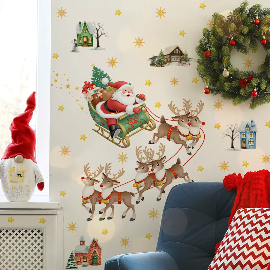 BRUP Weihnachtsmann-Schlitten Wandaufkleber mit Rentieren und Mini-Häusern, selbstklebend und abnehmbar, Mehrfarbig - Bild 2