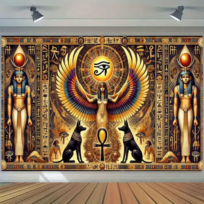 VIKAMA Ägyptischer Pantheon Wandteppich mit Auge des Horus in Schwarz-Gold als orientalische Wanddekoration - Bild 4