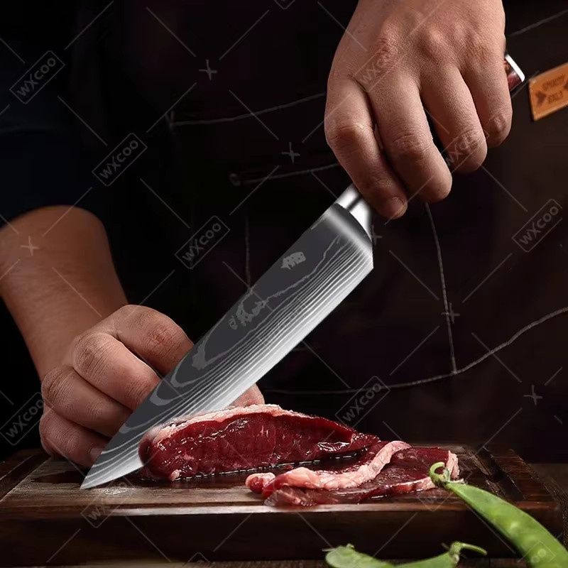 WXCOO Santoku-Kochmesser mit japanischem Damast-Muster und Holzgriff - Bild 5