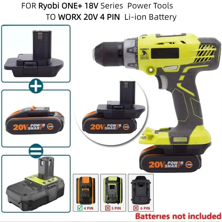 Batterieadapter für WORX 20V 4PIN Li-Ionen-Batterien als Konverter für Ryobi ONE+ 18V Elektrowerkzeuge, Farbe: Schwarz - Bild 2