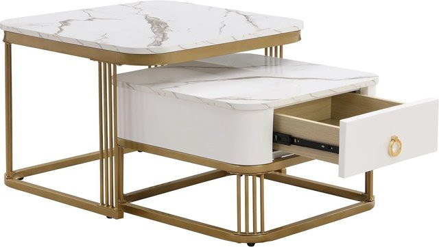 okwish Couchtisch stapelbar mit Schubladen in Weiß und Gold mit Marmoroptik, B/T/H: 60 x 60 x 45 cm - Bild 1