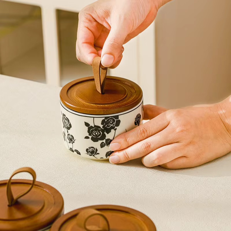 Luftdichtes Keramik-Vorratsglas mit Rosen-Design in Schwarz und Weiß, versiegelter Behälter für Tee, Kaffee oder Zucker - Bild 4