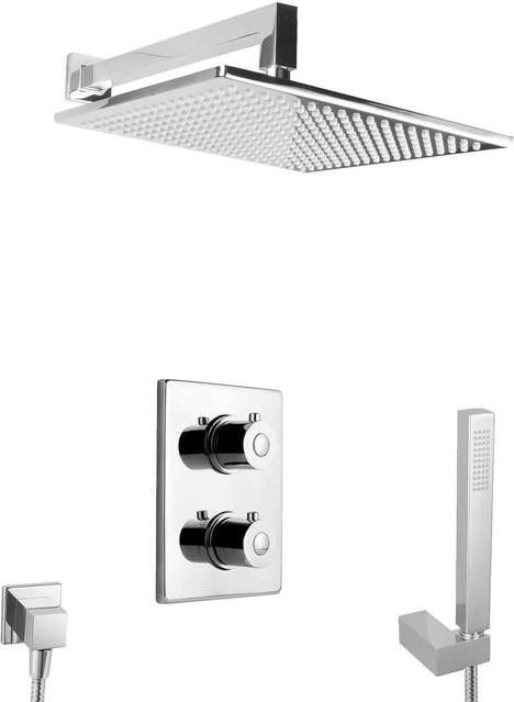 PaulGurkes Unterputz Duschsystem aus Messing mit Thermostat, Regendusche und Handbrause in Chrom - Bild 1