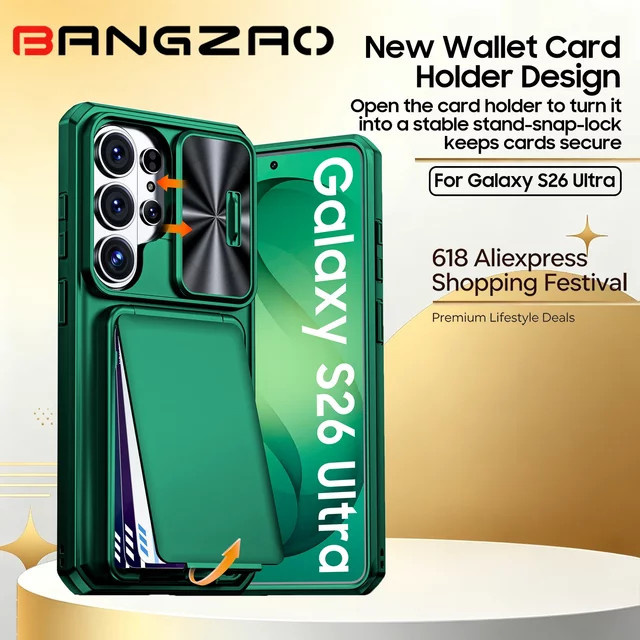 Samsung S26 Ultra Handyhülle mit Kartenhalter in Grün, stoßfest und kratzfest mit RFID-Blockierung und Kameraschutz - Bild 1