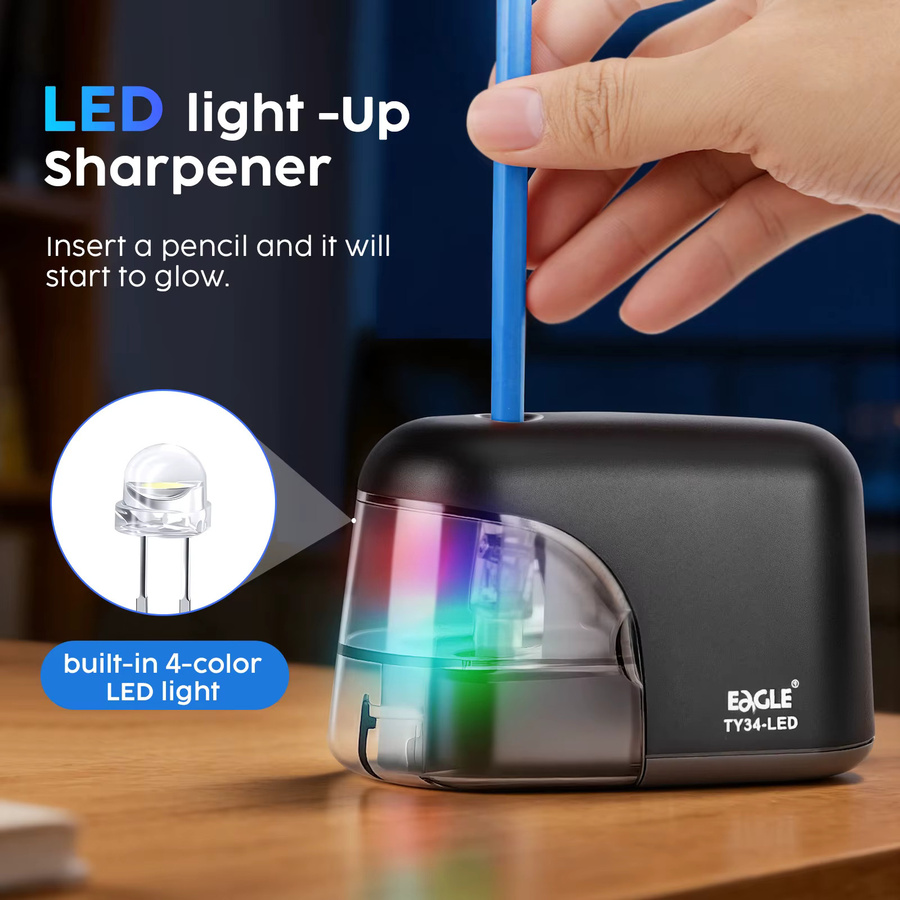 EAGLE Elektrischer Bleistiftspitzer mit farbigem LED-Licht, automatischer Handspitzer für 6-8mm runde, sechseckige und dreieckige Bleistifte in Blau und Schwarz - Bild 4