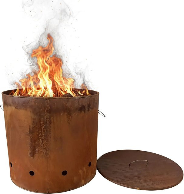 Relaxdays Feuertonne aus Cortenstahl in Rotbraun mit Deckel und Tragegriffen, Durchmesser: 45 cm, Höhe: 49,5 cm - Bild 1