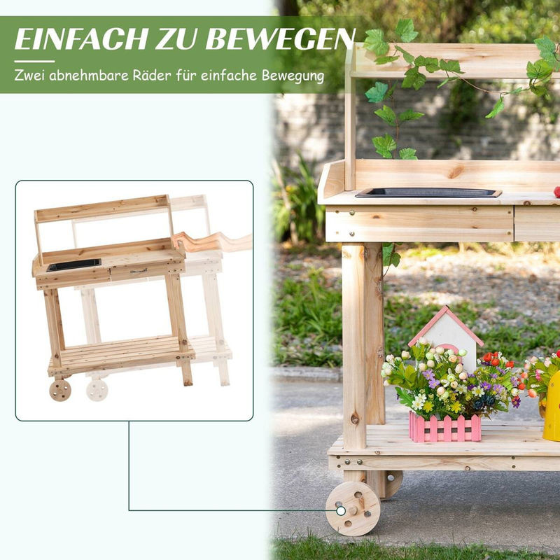 Outsunny Pflanztisch aus Holz mit Rollen in Braun, B/H/L: 45 x 119 x 92 cm - Bild 5