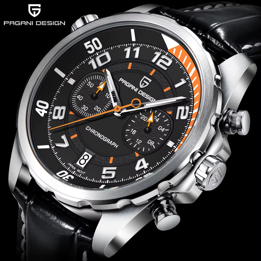 PAGANI DESIGN Chronograph Armbanduhr, Quarz, Edelstahl, Blau, Leder, 44 mm, Herren - Bild 2