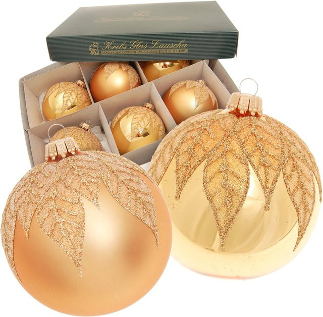 Krebs Glas Lauscha Weihnachtskugeln Blätter in Gold, 6er Set, Durchmesser: 8 cm - Bild 1