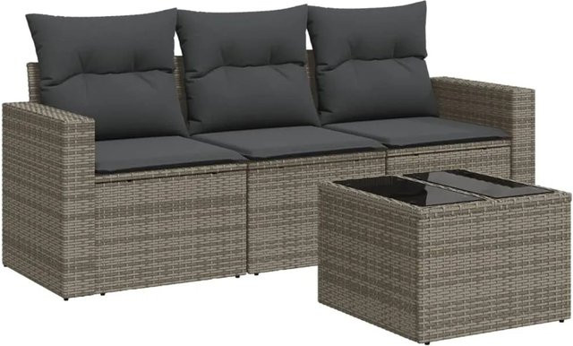 vidaXL 4-tlg. Garten-Sofagarnitur in L-Form aus Poly-Rattan in Grau mit Tisch und Kissen - Bild 1