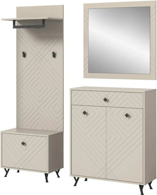 Inn.Furn Garderoben-Set Apunti 4-teilig in Sand mit Fräsungen, bestehend aus Wandpaneel, Sitzbank, Spiegel und Schuhschrank, Höhe: 195 cm - Bild 1