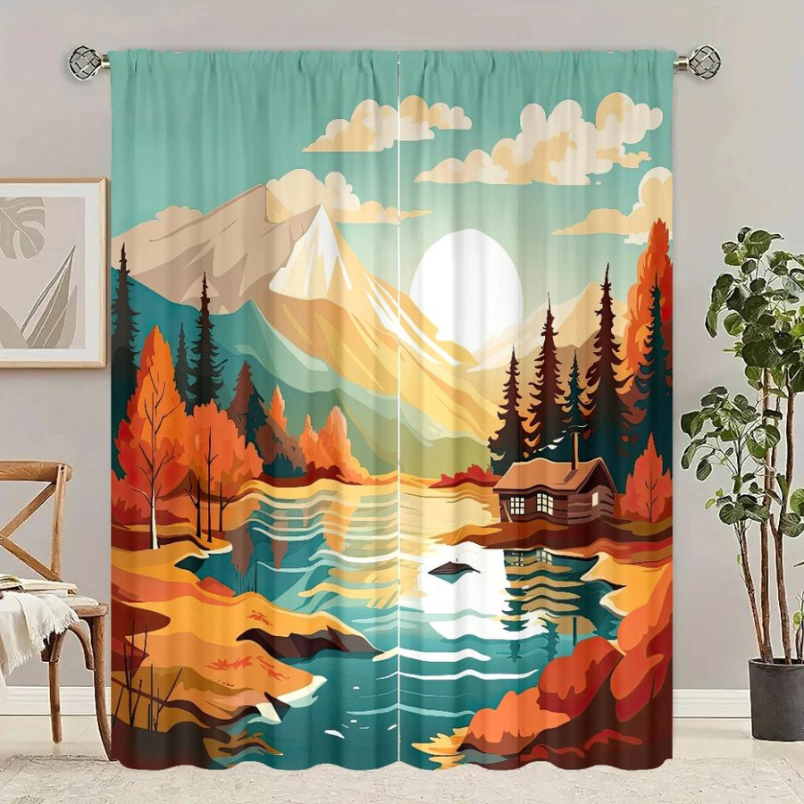 Yiran Furniture Vorhang Set aus Polyester mit bedrucktem Muster, halbtransparent, Mehrfarbig, 2 Stück, B: 76,2 cm, H: 165,1 cm - Bild 1