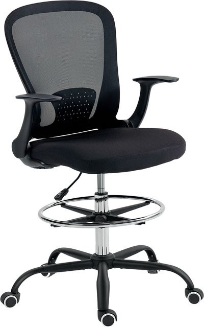 HOMCOM Bürostuhl Schwarz mit verstellbarem Fußring, Lendenwirbelstütze und hochklappbaren Armlehnen, Drehstuhl aus Netzstoff für Home Office und Zeichenarbeiten, Marke Aosom - Bild 1