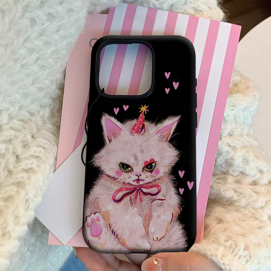 Potdemiel Handyhülle mit Rosa Herz und Kätzchen Design für iPhone 17 16 15 14 13 12 Pro Max Plus mit doppelschichtiger Rückseite in Pink und Schwarz - Bild 4