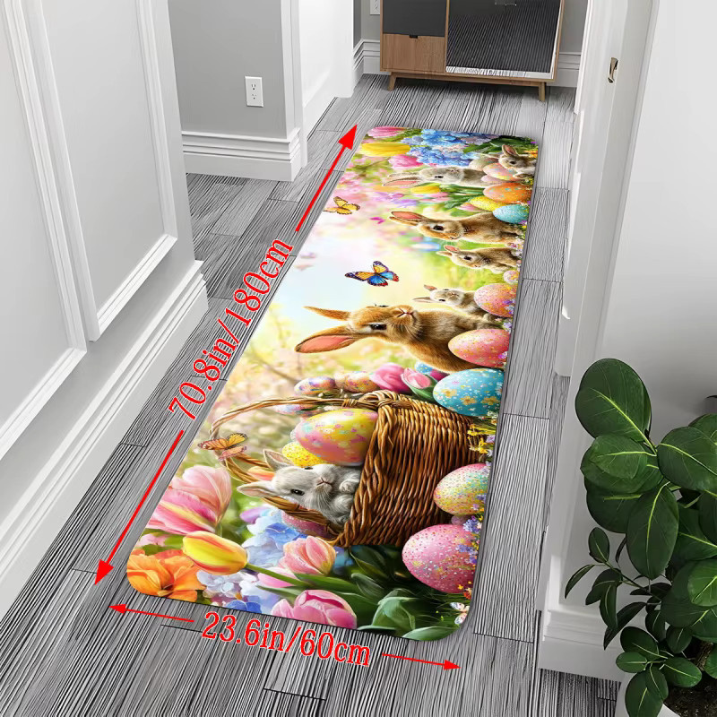 VIKAMA Oster-Hasen-Blumenkorb Flurteppich mit Frühlingsblumen-Streifenmuster, rechteckig, mehrfarbig - Bild 3