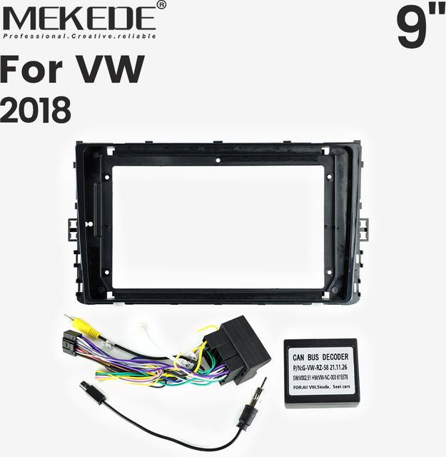 MEKEDE Autoradio-Lünette für VW 2018 in Schwarz mit Canbus Decoder und Kabelbaum für Multimedia-Player und Armaturenbrett-Montage - Bild 1