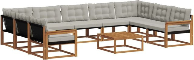 vidaXL Outdoor-Sofagarnitur aus Massivholz in L-Form, 10-teiliges Set mit Textilene-Bezug und Kissen, Farbe: Natur und Hellgrau - Bild 1