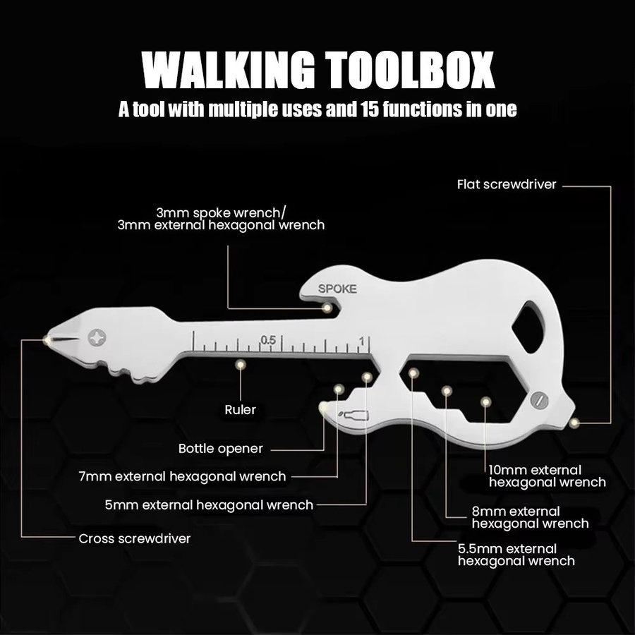 12-in-1 Multifunktionaler Schlüsselanhänger als Multitool-Gadget mit Gitarrenöffner und Schraubendreher in Schwarz und Silber - Bild 3