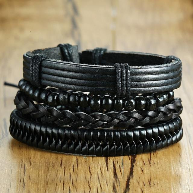 Vnox Lederarmband Set, Kompass Lebensbaum Blatt Charm, Schwarz, Herren - Bild 1