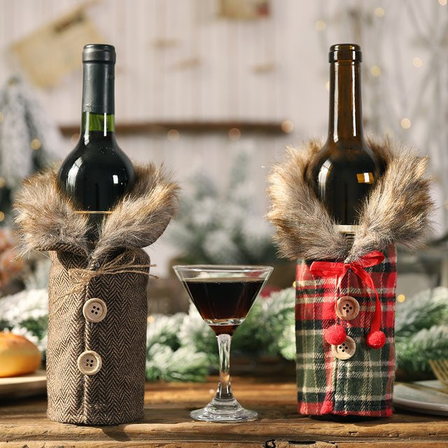 WakaParty Wein Flaschenhülle mit Gestreiftem Plaid Design in Mehrfarbig für Weihnachtsdekoration und Party-Tischdekoration - Bild 1