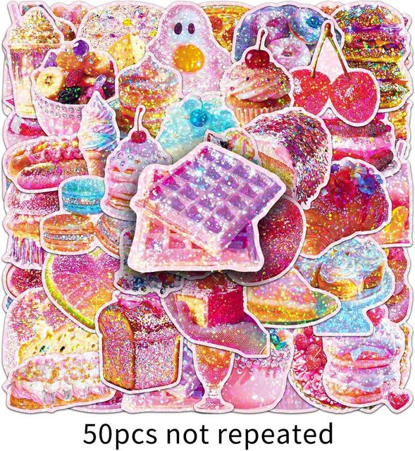 50 Stück Laser Sweet Overload holografische Aufkleber von AnimeWorlds Store, wasserfeste glitzernde Dessert-Abziehbilder in Multicolour - Bild 1