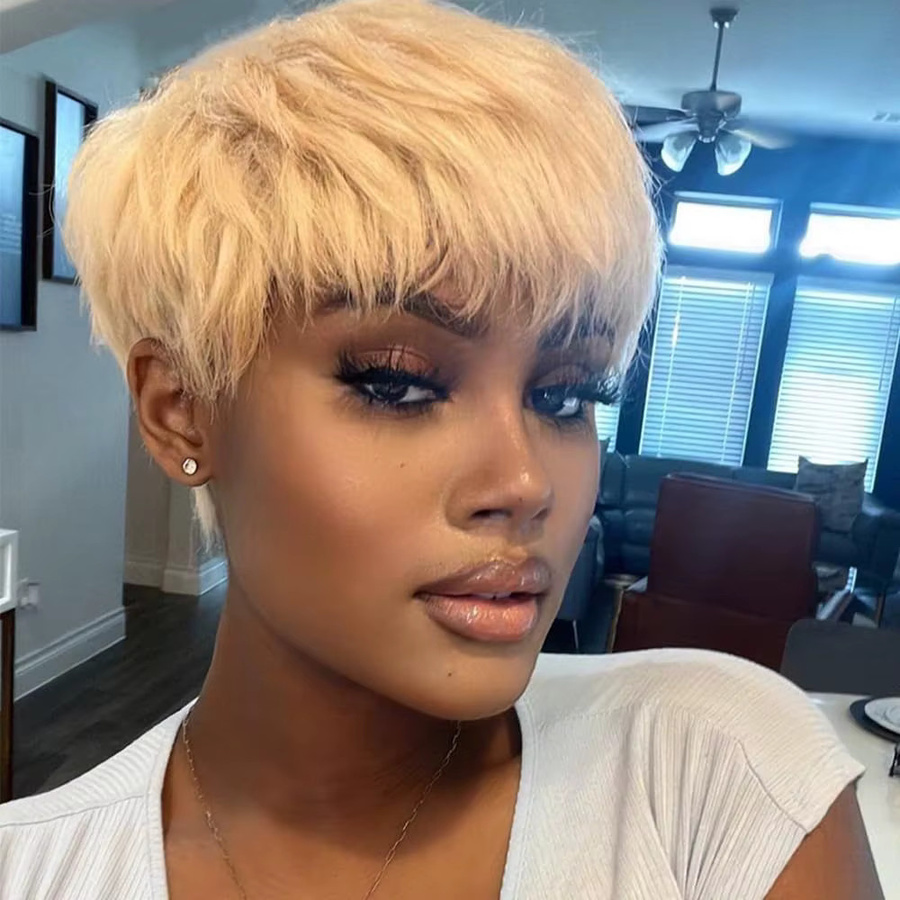 OYM HAIR Perücke, blonde Pixie-Schnitt-Perücke mit Pony, Echthaar, Damen - Bild 2