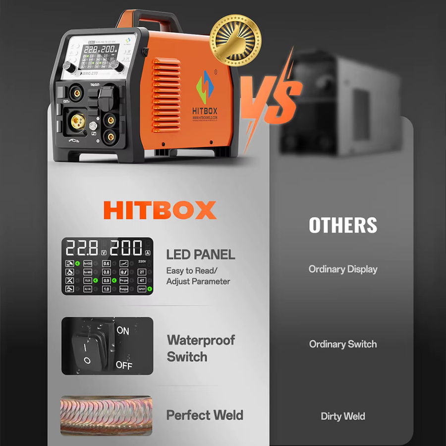 HITBOX HBMC270 Aluminium MIG-Schweißgerät mit synergischer Steuerung, 6-in-1 Multifunktionsgerät für MIG, Stick MMA, ARC, HF TIG und CUT, Gas/Gaslos sowie Punktschweißen für Aluminium und Edelstahl mit großem LED-Display und IGBT-Inverter - Bild 6
