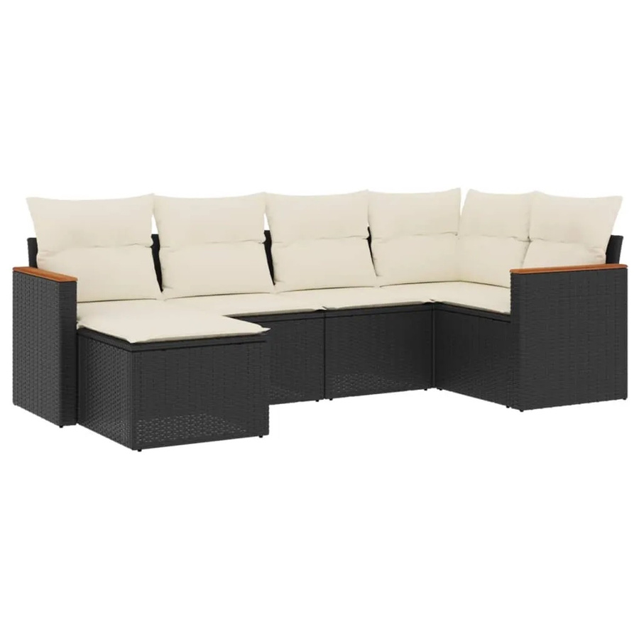 vidaXL 6-teilige Garten-Sofagarnitur in L-Form aus schwarzem Poly-Rattan mit Kissen und Akazienholz - Bild 2