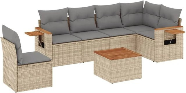 vidaXL 7-teilige Garten-Sofagarnitur aus Poly-Rattan und Akazienholz in Beige mit Kissen - Bild 1
