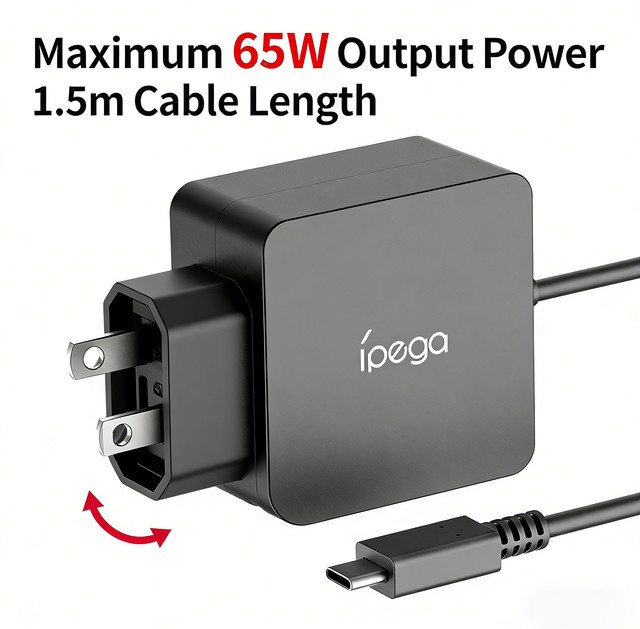 IPEGA 65W USB-C Schnellladegerät SW2116 Power Adapter für Nintendo Switch in Schwarz mit 1,5m Kabel und Klappstecker - Bild 1