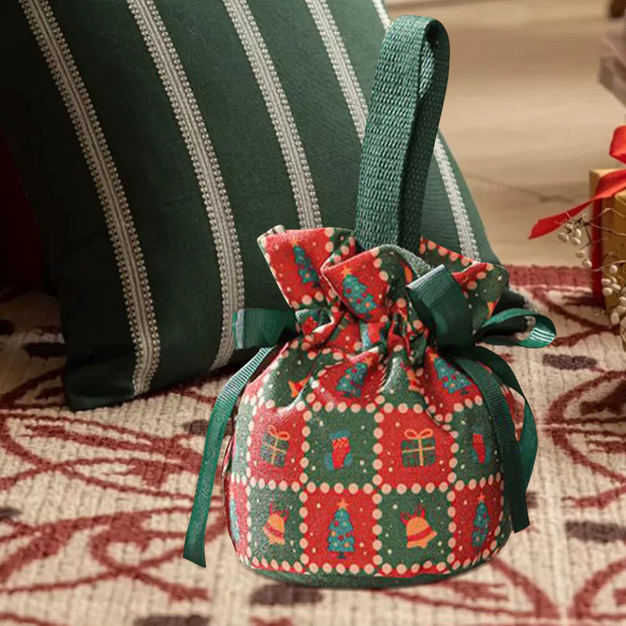 Weihnachten Süßigkeiten Tasche mit Kordelzug und Bogen aus Leinen in Grün für Party und Geschenke - Bild 5