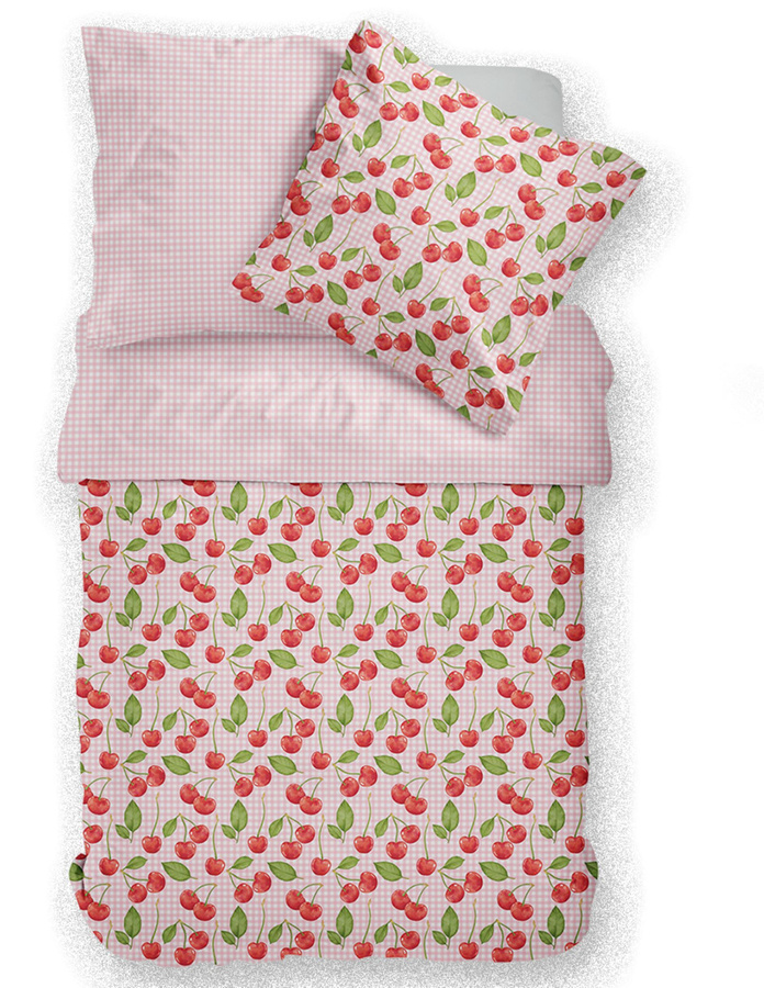 Dormabell Mako-Satin Bettwäsche Kirschen Karo Wende Design, Farben: Rot, Rosa, Weiß, B/H: 155 x 220 cm, Kissenbezug: 80 x 80 cm - Bild 1