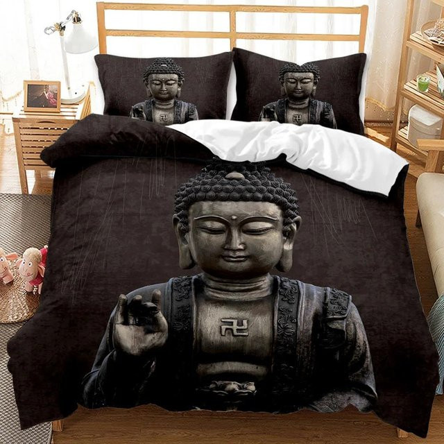 Bettwäsche Set JMG Household Supplies Buddha Design in Gold und Schwarz mit Lotusblumen, Boho Ethnisch Stil, B/H: 135 x 200 cm - Bild 1