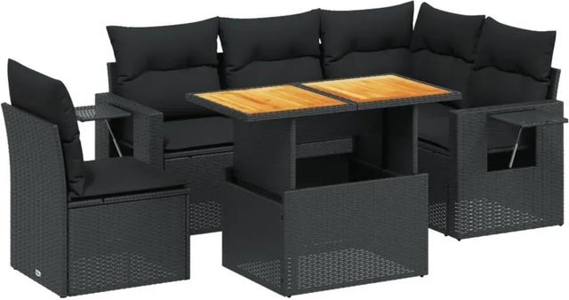 vidaXL 6-teilige Garten-Sofagarnitur in L-Form aus Poly-Rattan und Akazienholz mit Kissen in Schwarz - Bild 1
