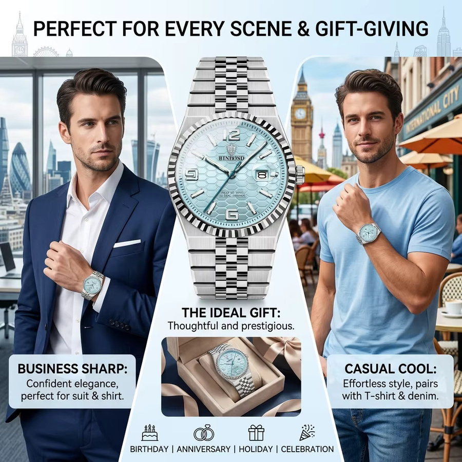 BINBOND Armbanduhr Edelstahl, Quarz, Blau, Silber, Unisex, Datum - Bild 4