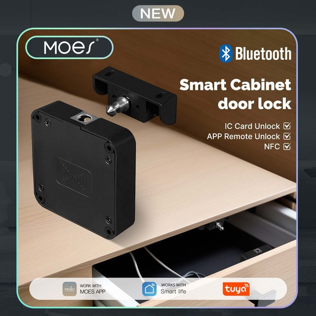 MOES Smart Bluetooth Schubladenschloss in Schwarz mit Tuya App Fernbedienung und IC-Karten-Sicherheitsschloss für Holzschränke und Schließfächer - Bild 1