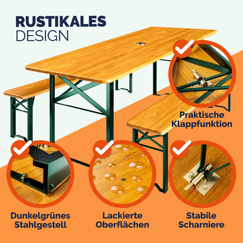 Casaria Bierzeltgarnitur 3-teilig klappbar in Braun aus Holz und Stahl für 8 Personen, Breite: 170 cm - Bild 2