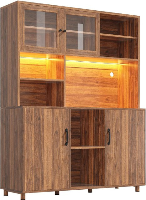 okwish Hochschrank mit LED-Beleuchtung und Snackablage in Braun, B/T/H: 140 x 40 x 185 cm - Bild 1