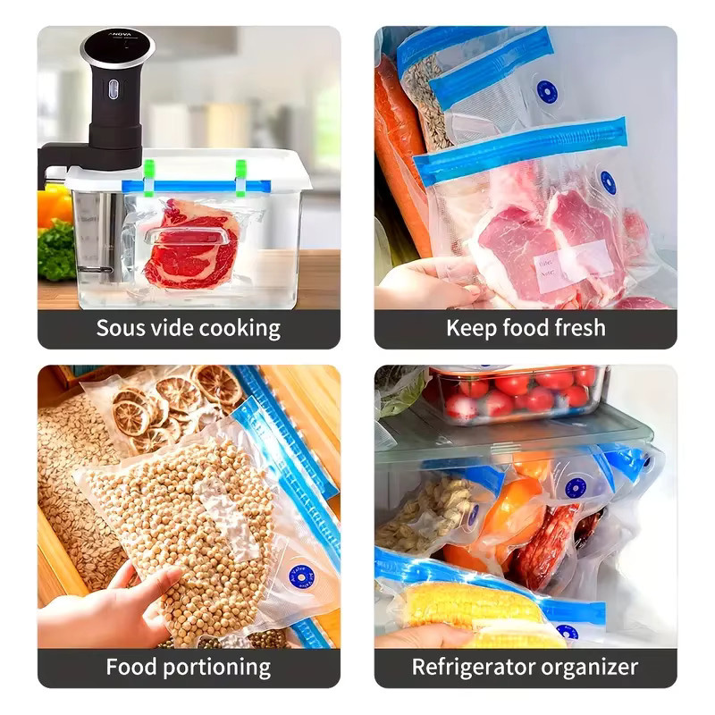 Transparentes Vakuumbeutel-Set mit Ventil aus Kunststoff in Blau für Lebensmittel wie Fleisch, Snacks, Körner und Früchte - Bild 2