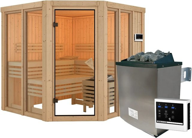 Karibu Sauna Airini naturbelassen mit externem 9 kW Ofen in Brown - Bild 1