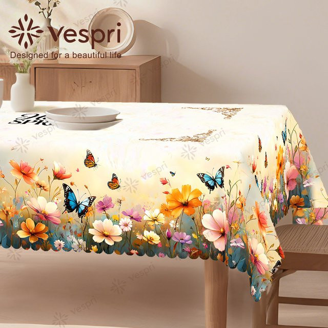Vespri Frühlingstischdecke mit Blumen- und Schmetterlingsmuster in Weiß und Gelb aus Polyester - Bild 1